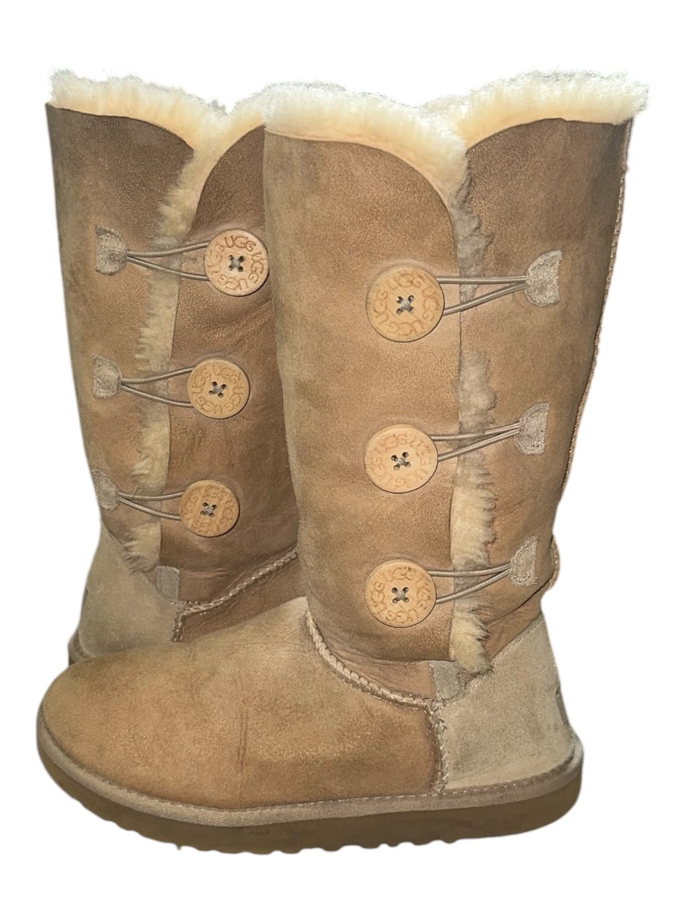 UGG Bailey Button Triplet Boots Three Signature Wooden Logo Buttons Natural Sz 7 - Picture 6 of 9